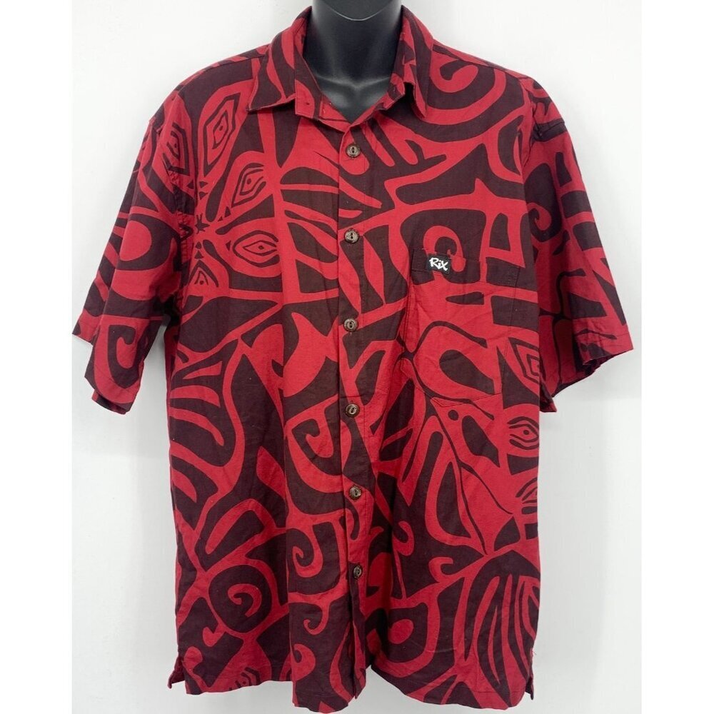 Rix Hawaii Mens Large Red Tribal Button Up Short Sleeve Shirt Tropical Cotton